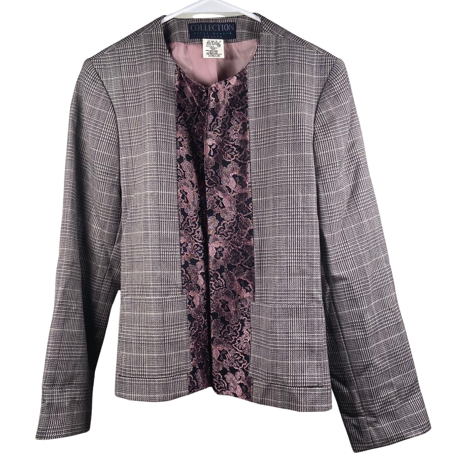 Harve Benard Size 12p Blazer Jacket Wool Shoulder Pads Grey Plaid Pink Floral